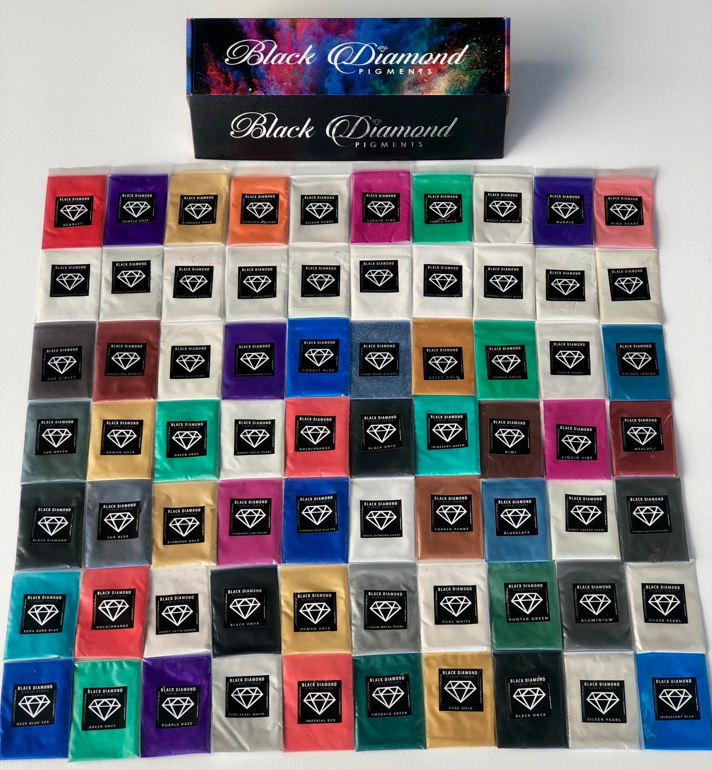 "MICA PIGMENT BOX 1" (7 VARIETY PACKS) 70-5g packs TOTAL including GHOST pigments (Epoxy,Slime,Resin,Soap) Black Diamond Pigments®