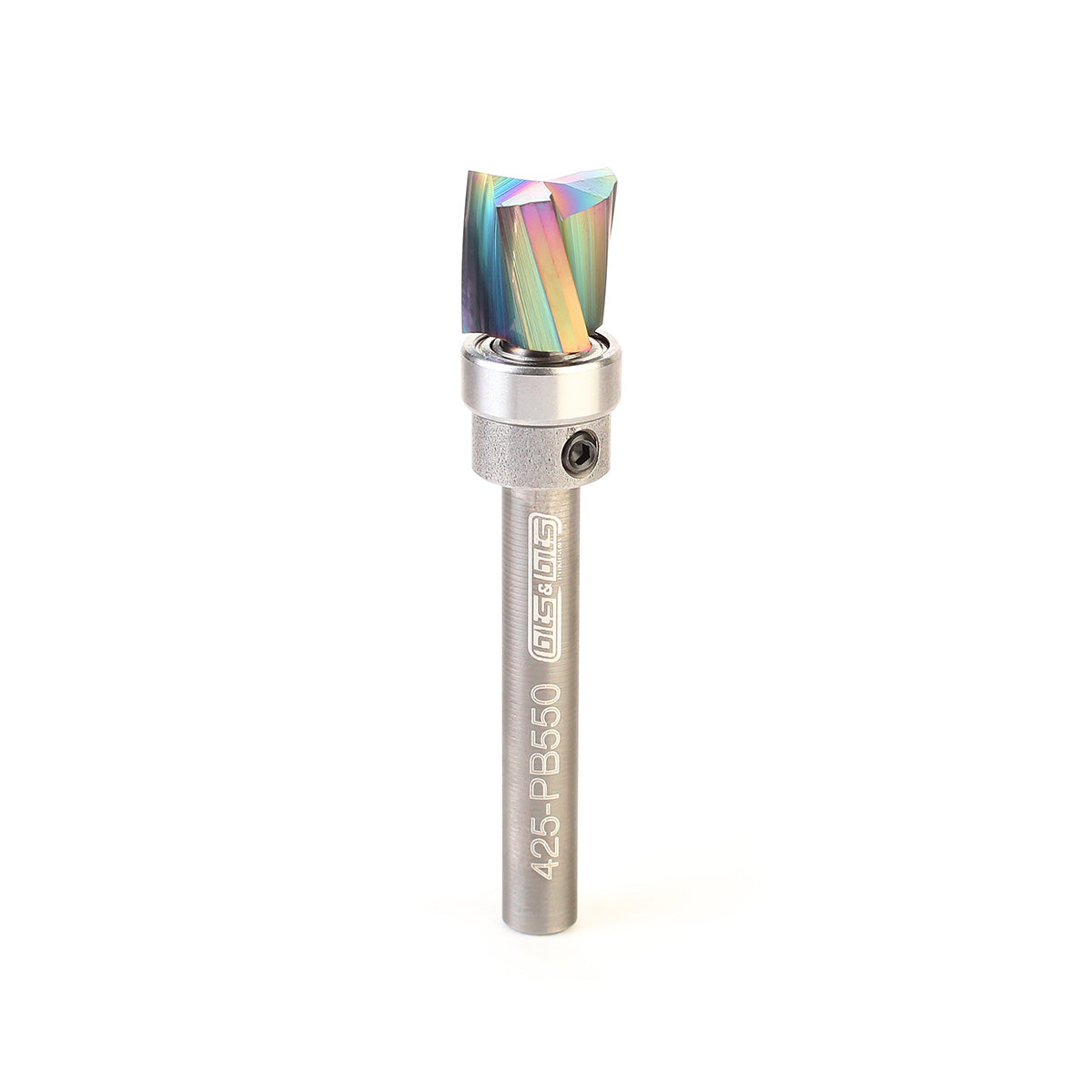 Metal tool bit with multicolored insert on a white background