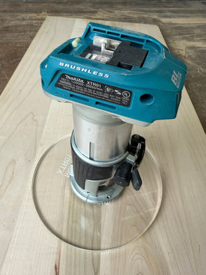Is your factory router base not large enough?

We have you covered. This is our 8 inch round router base that fits the&nbsp;Makita Compact Trim Router also fits the plunge base. It's made out of 3/8" cast acrylic to be very durable! It has countersunk holes so that you can use the factory screws. It is compatible with PC-style router bushing sets.

It will fit the Makita RT0701C, XTR01Z or DRT50