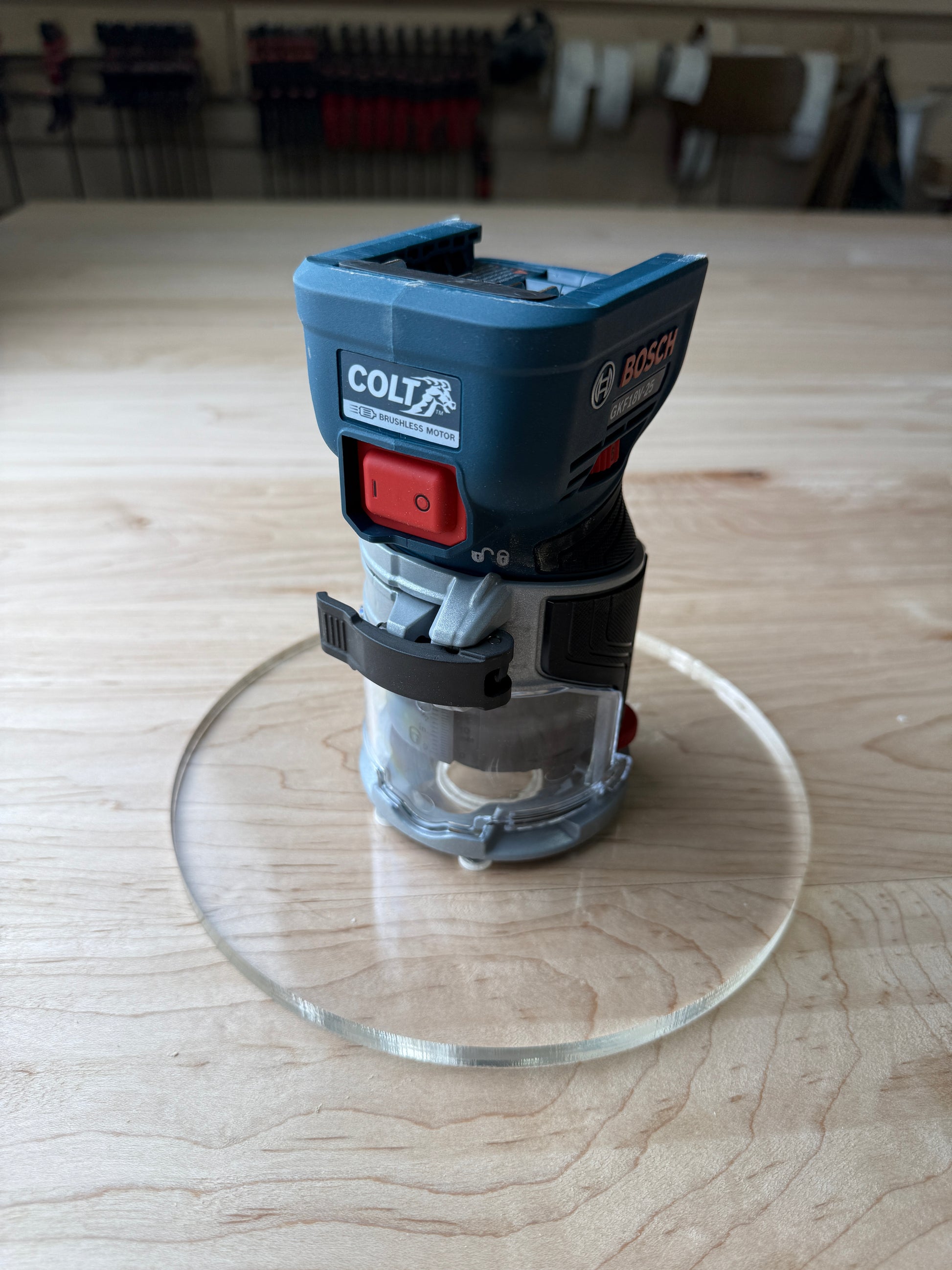 Is your factory router base not large enough? We have you covered. This is our 8 inch round router base that fits the Bosch Compact Trim Router also fits the plunge base. It's made out of 3/8" cast acrylic to be very durable! It has countersunk holes so that you can use the factory screws. It is compatible with PC-style router bushing sets