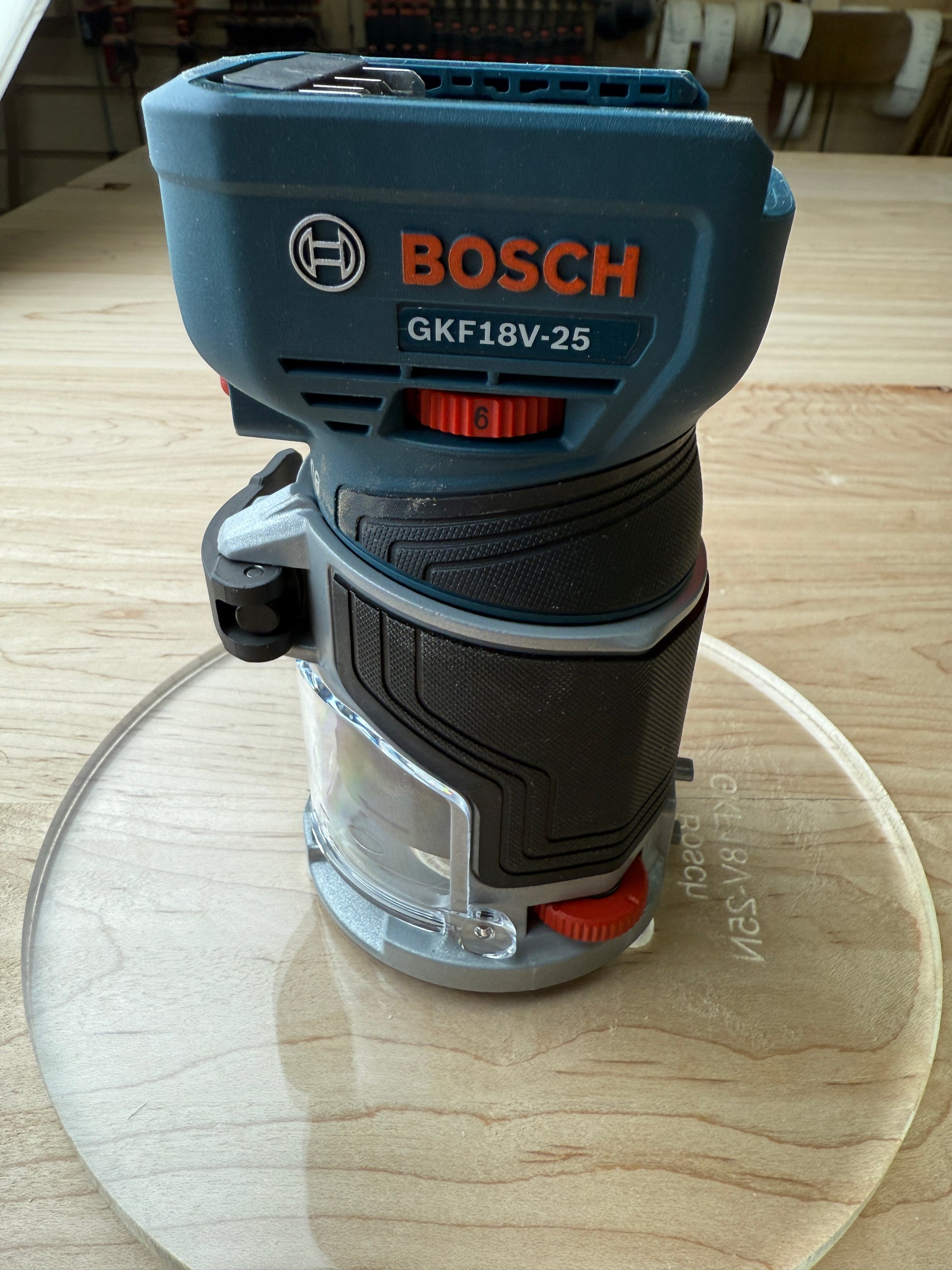 8 inch Round Router Base Plate - fits Bosch Colt GKF18V-25 Is your factory router base not large enough? We have you covered. This is our 8 inch round router base that fits the Bosch Compact Trim Router also fits the plunge base. It's made out of 3/8" cast acrylic to be very durable! It has countersunk holes so that you can use the factory screws. It is compatible with PC-style router bushing sets