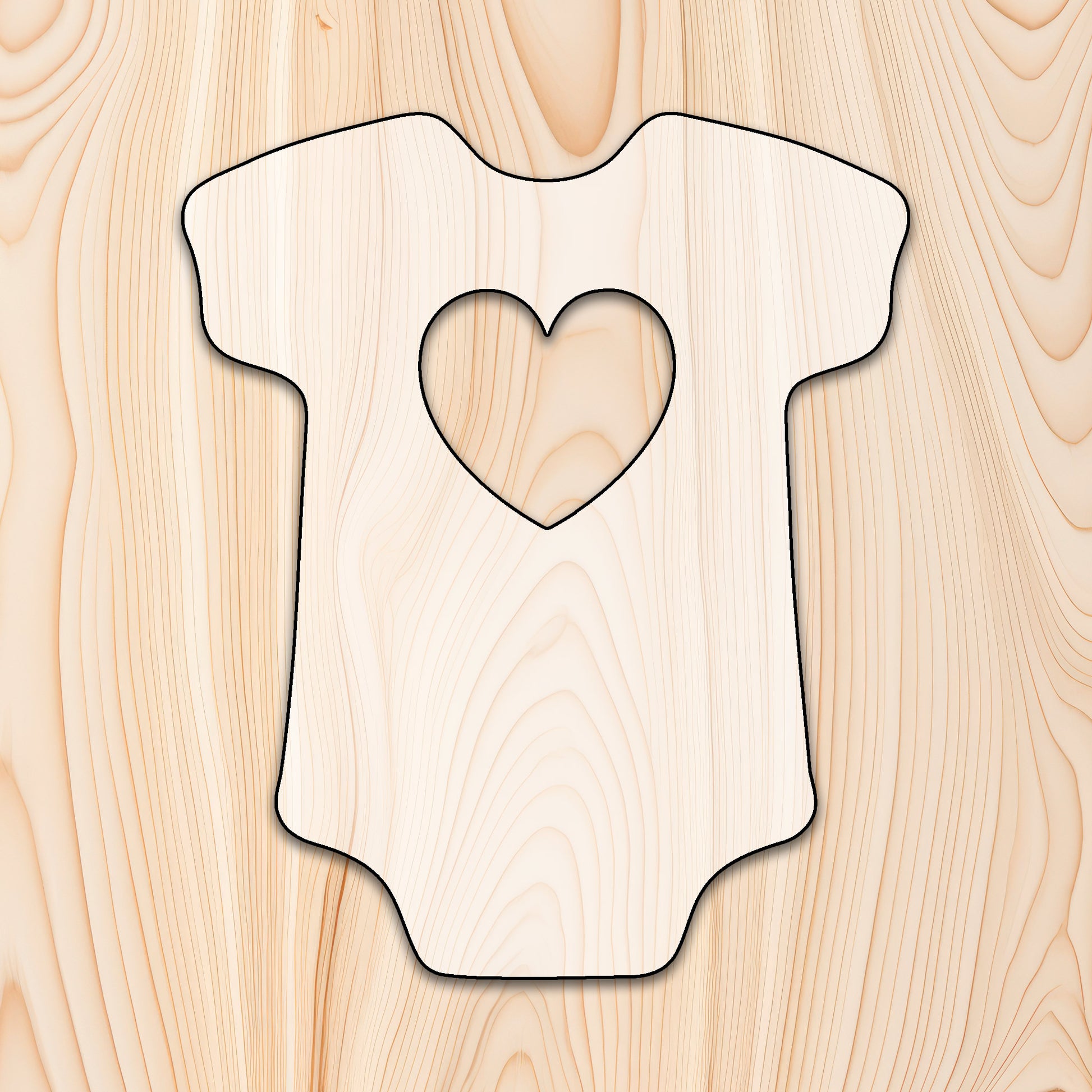 Baby Onesie with Heart Acrylic Craft Cutout - Transparent laser-cut acrylic craft cutout designed as a router template, featuring precise shapes and durable construction for various crafting projects.
		
 