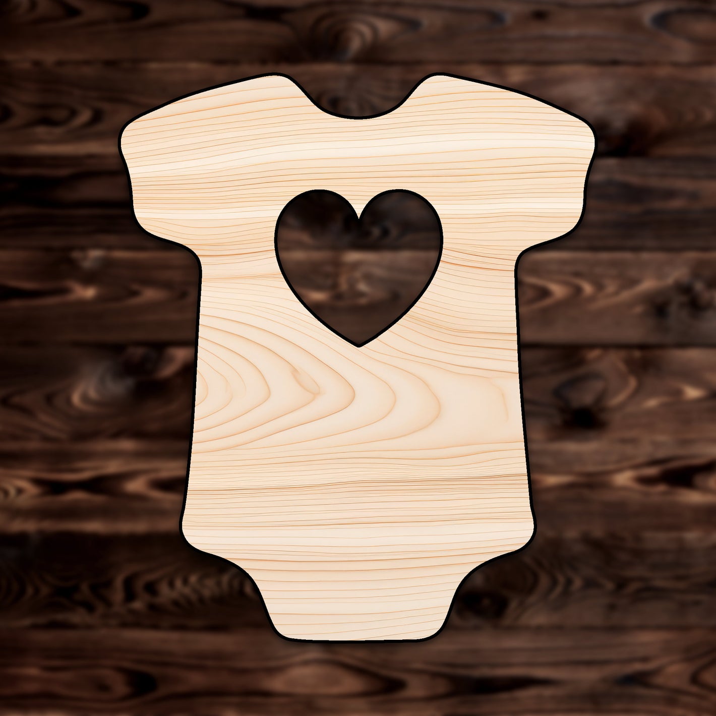 Baby Onesie with Heart Plywood Craft Cutout , a Intricate laser-cut craft cutout made of high quality birch plywood, featuring detailed designs and clean edges, perfect for home decor or DIY projects.
