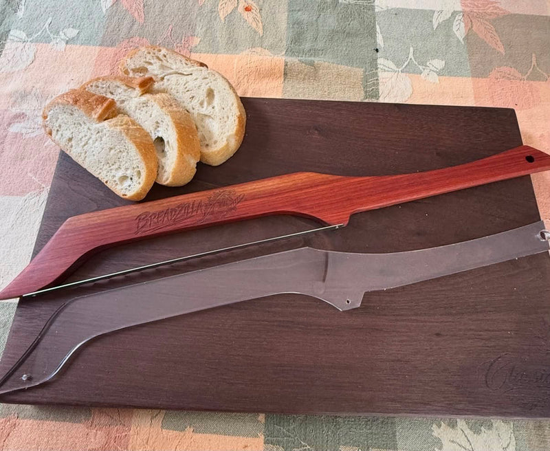 Bread Knife Router Template with fianl wooden cut version.  Perfect for Break Knife Making.
