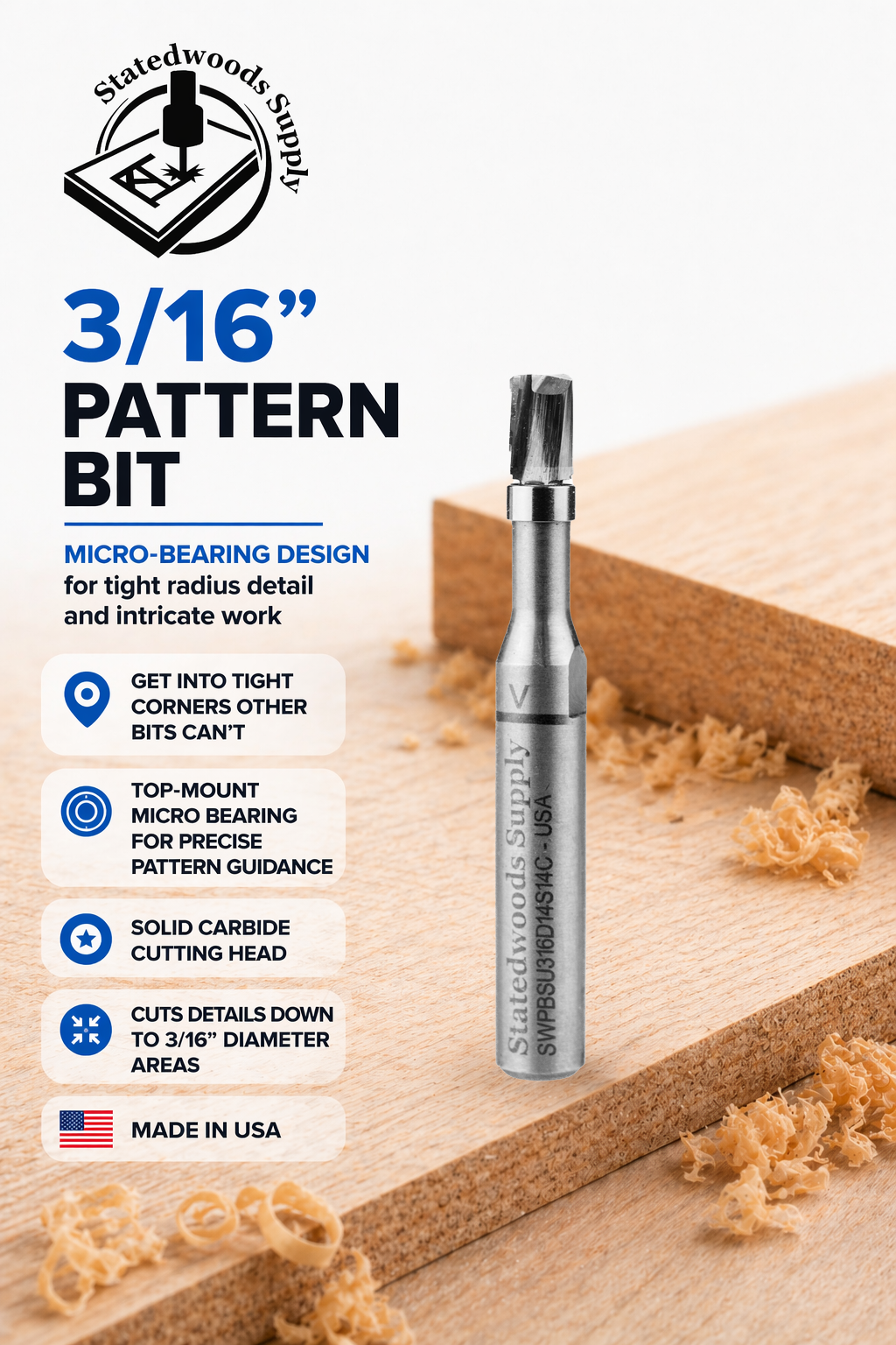 CleanLine Pro 3/16" Up-Cut Carbide Micro Bearing Pattern Router Bit