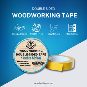 Double-Sided Woodworking Tape - Our double-sided woodworking tape is crafted out of high-quality PVC material with strong adhesive on both sides, featuring a yellow paper backing. It offers excellent adhesion, is easy to peel and apply, and is removable without leaving any residue. It was important to us that it doesn't leave a residue on acrylic templates so there is no cleanup in between projects.  It’s also heat-resistant and stretch-resistant.  made from a PVC material