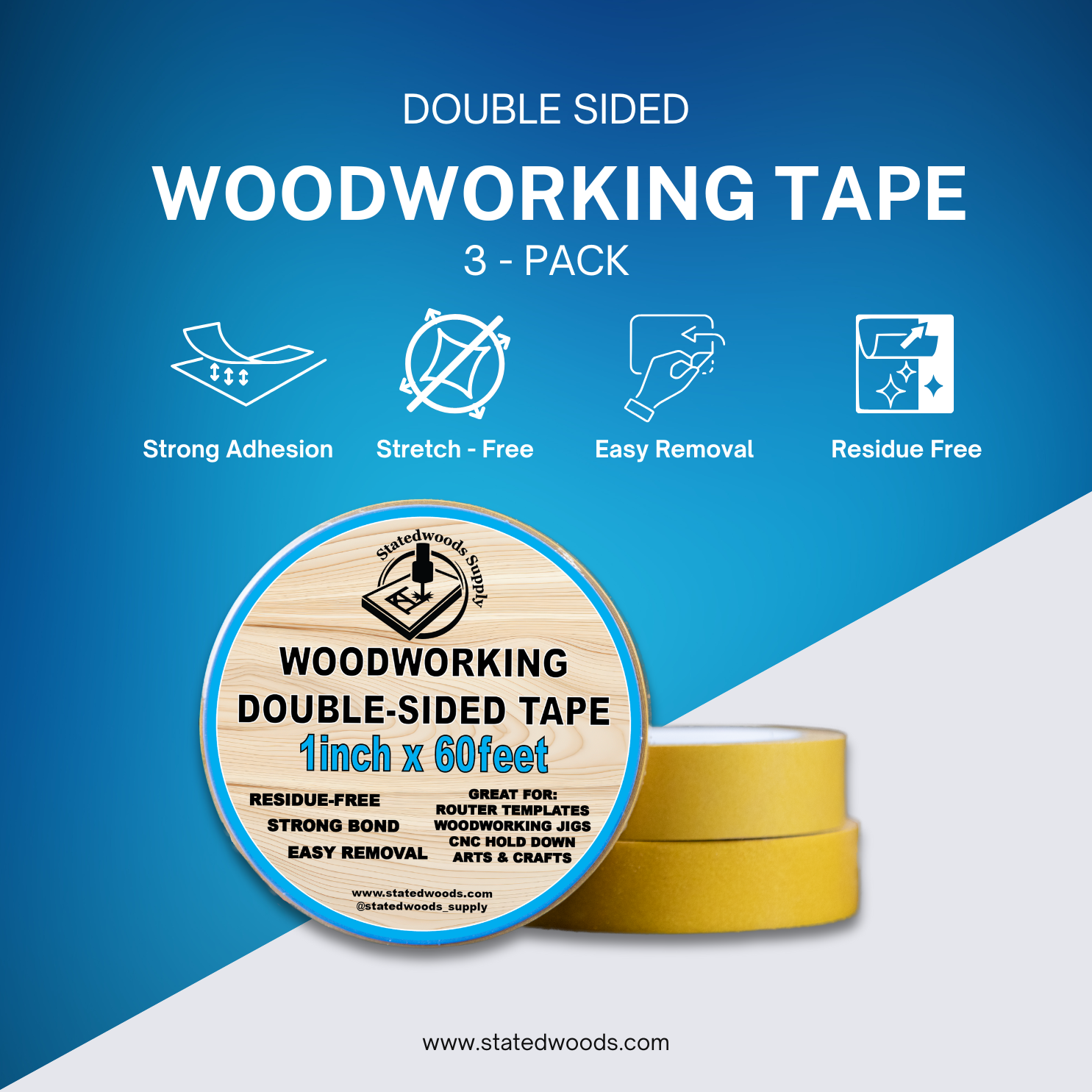 Double-sided woodworking tape 3-pack for secure, clean router template and woodworking project hold down.
Our double-sided woodworking tape is crafted out of high-quality PVC material with strong adhesive on both sides, featuring a yellow paper backing. It offers excellent adhesion, is easy to peel and apply, and is removable without leaving any residue. It was important to us that it doesn't leave a residue on acrylic templates so there is no cleanup in between projects. 