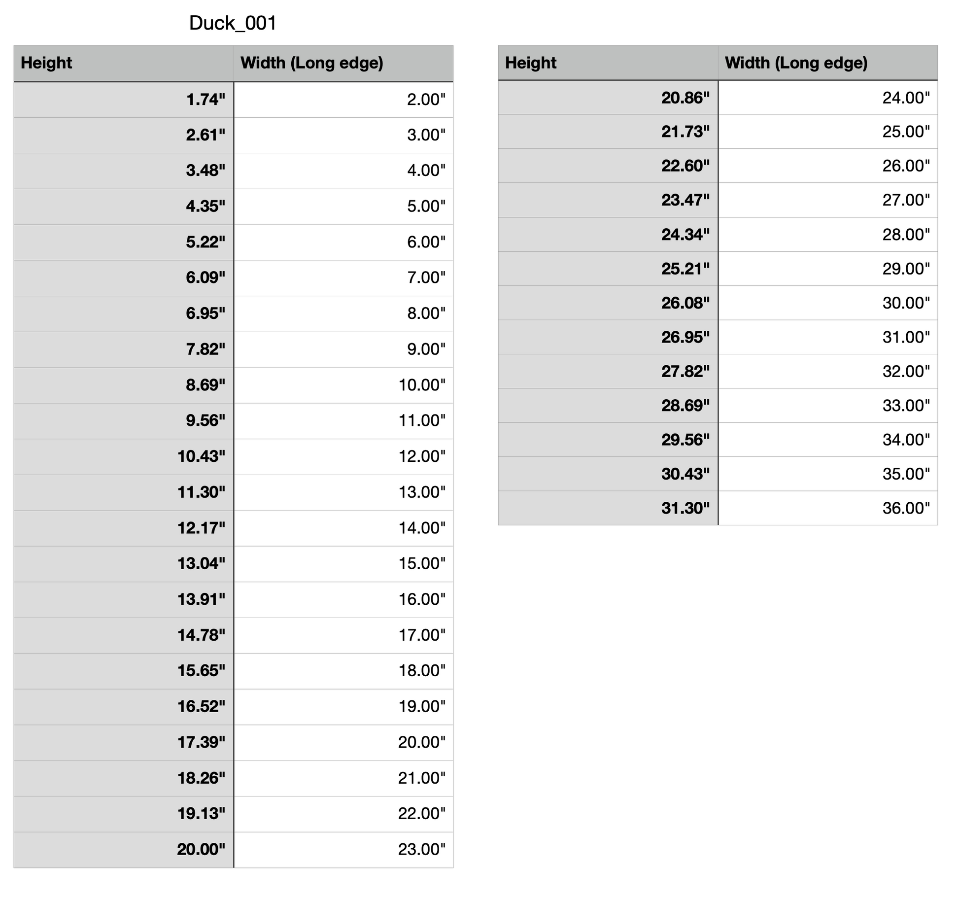 duck animal measurements