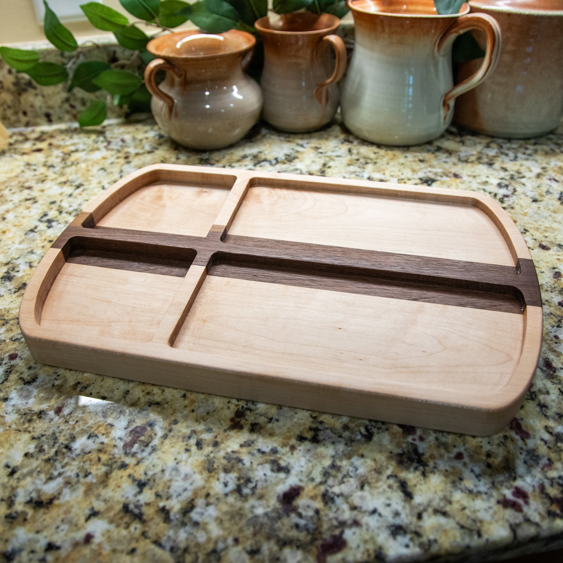 Example of 4 Offset Rectangle Tray Router Template for woodworking, perfect for shaping custom sized cutting boards, charcuterie boards, and custom projects.