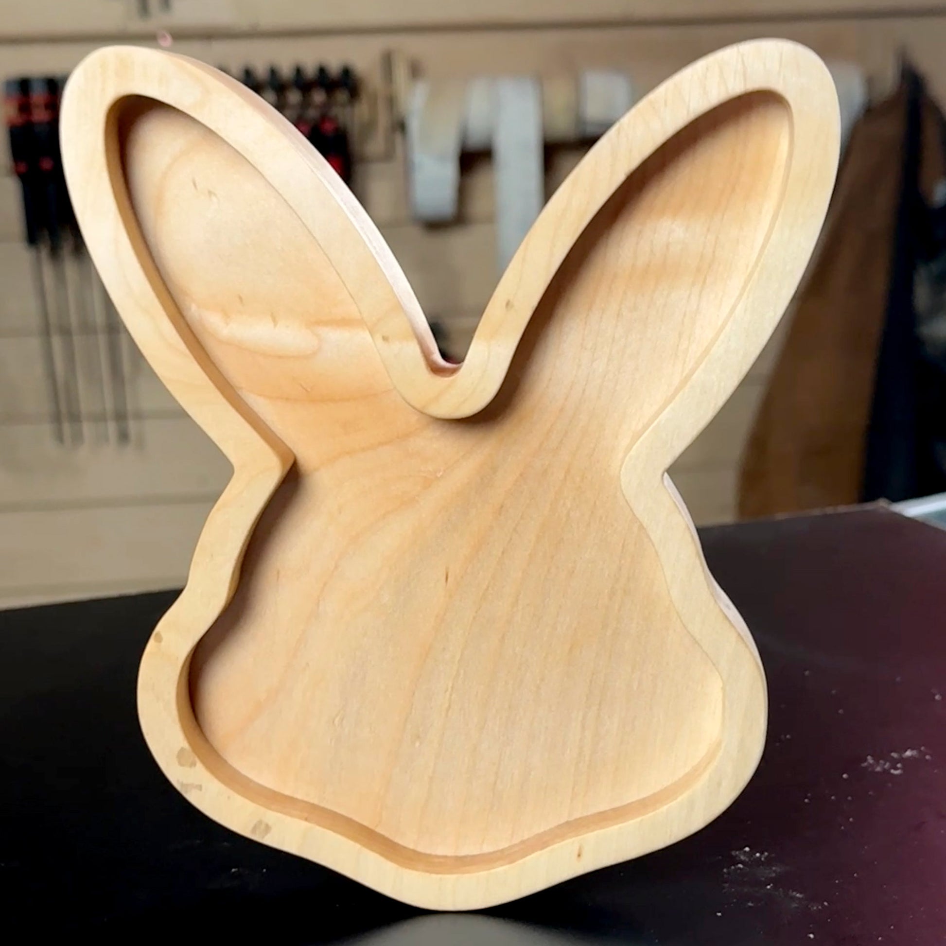 example of Bunny Rabbit Face Tray Router Template for woodworking, perfect for shaping custom sized cutting boards, charcuterie boards, trays  and custom projects.