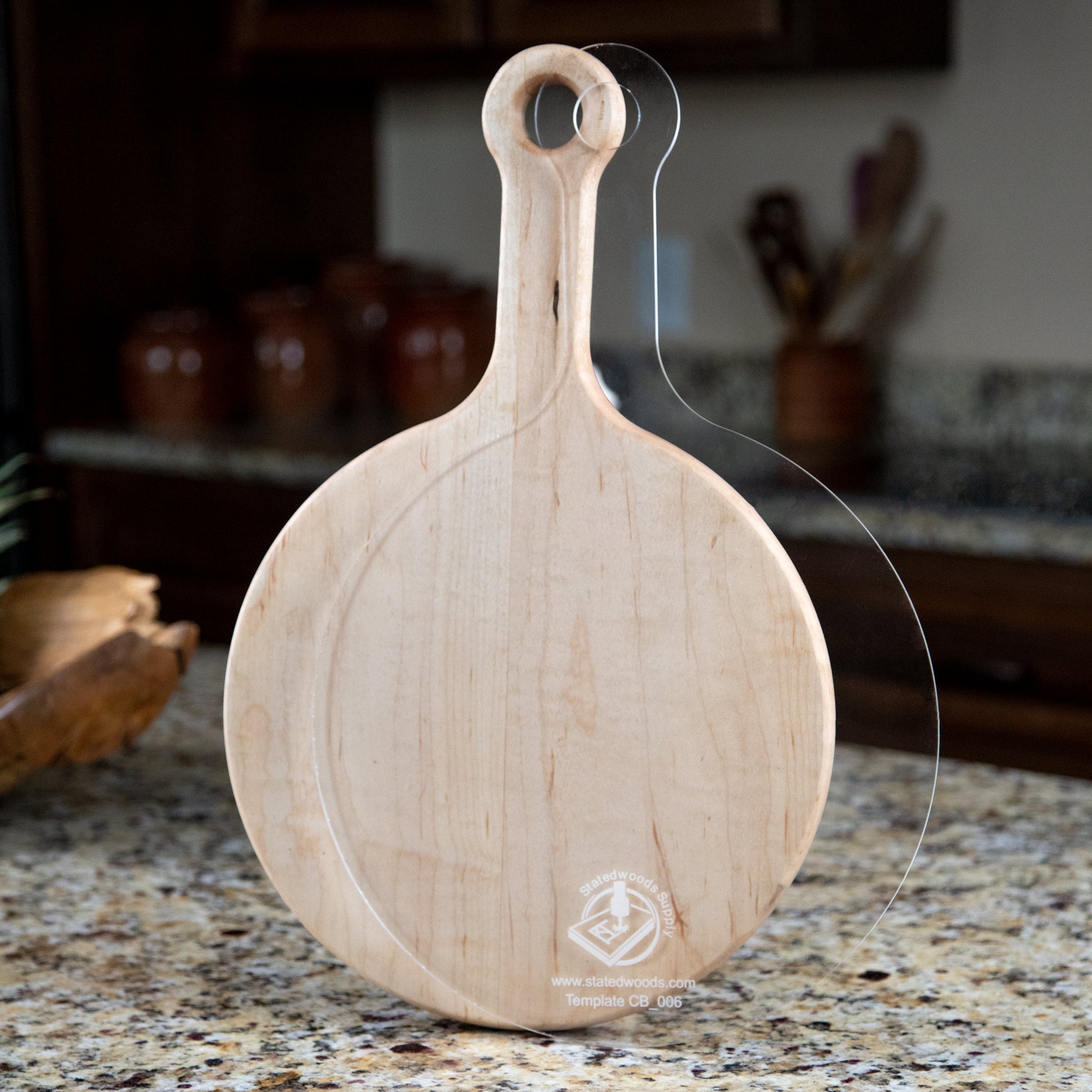 Example of our Pizza Style Cutting Board or Charcuterie Board Router Template for woodworking, perfect for shaping custom sized cutting boards, charcuterie boards, and custom projects.