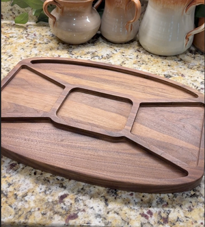 Example of Rounded Rectangle 5 Recessed Pocket Tray Router Template for woodworking, perfect for shaping custom sized cutting boards, charcuterie boards, and custom projects.
