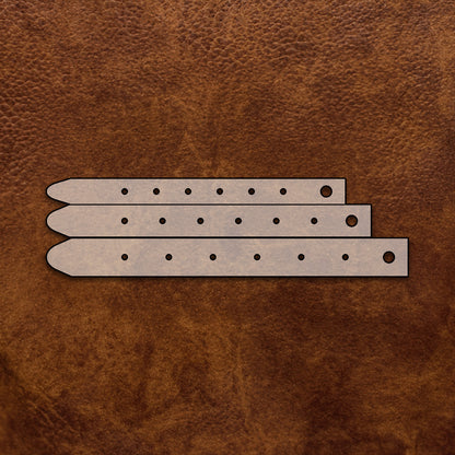 Leather Belt Acrylic Template ( Set of 3 ) Leatherworkers are really going to enjoy our new line of templates.  These are our leather working belt templates to help you lay out your hole positioning on your belt projects.  The clear acrylic templates allow for better positioning on your leather to view the best grain of the hide for your project.  We include 3 templates in this kit.  

Kit includes:
1" belt pattern with 1" hole spacing.
1 1/4" belt pattern with 1 1/4" spacing.
1 1/2" belt pattern with 1 1/2