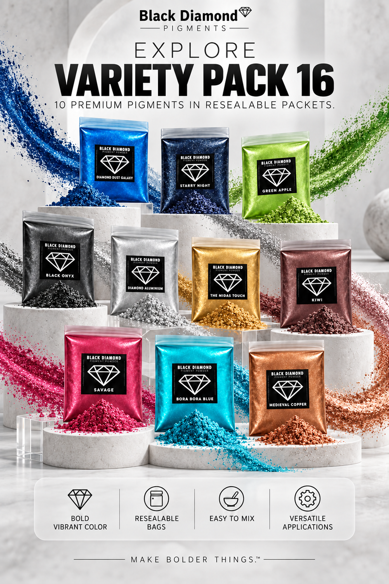 VARIETY PACK 16 (10 COLORS) powder pigment variety packs  Black Diamond Pigments®