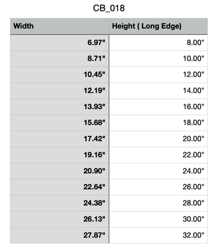 Modern Rounded Cutting Board or Charcuterie Board Router Template Measuring chart - a chart denoting the measurements of each item. The chart denotes the width and height of each variation that we offer.
