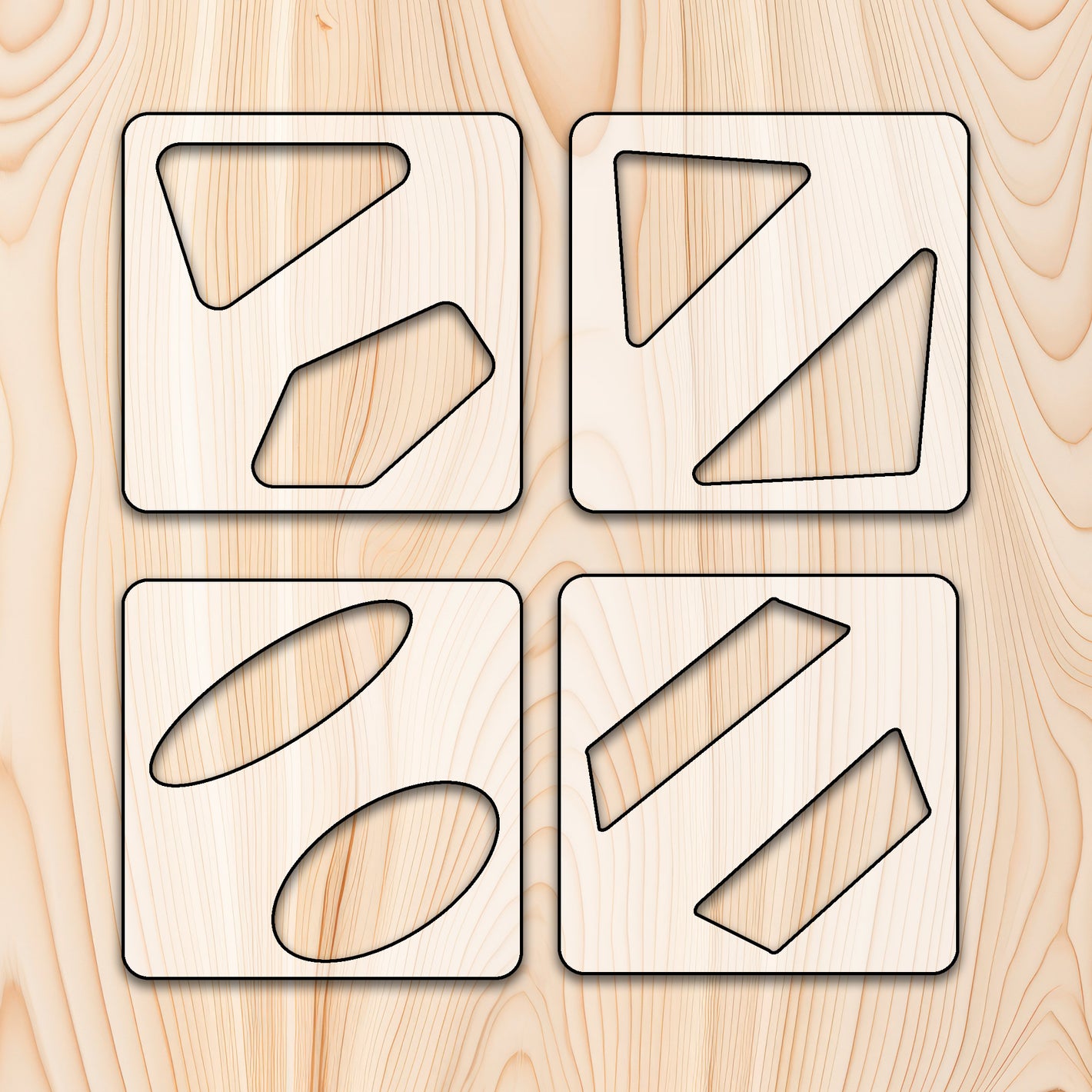 Recessed Handle Cutting Board or Charcuterie Board Router Template Kit (4 Piece Template Kit) Our Recessed Handle Templates Kits can help you cut that perfect shape on any and all of your projects.  Each template has 2 shapes to choose from and this kit comes with 4 templates total! These 1/4" thick acrylic templates are perfect for holding up to receptive use and the clear template allows you to position exactly where you like best while still being able to see your wood grain through.  