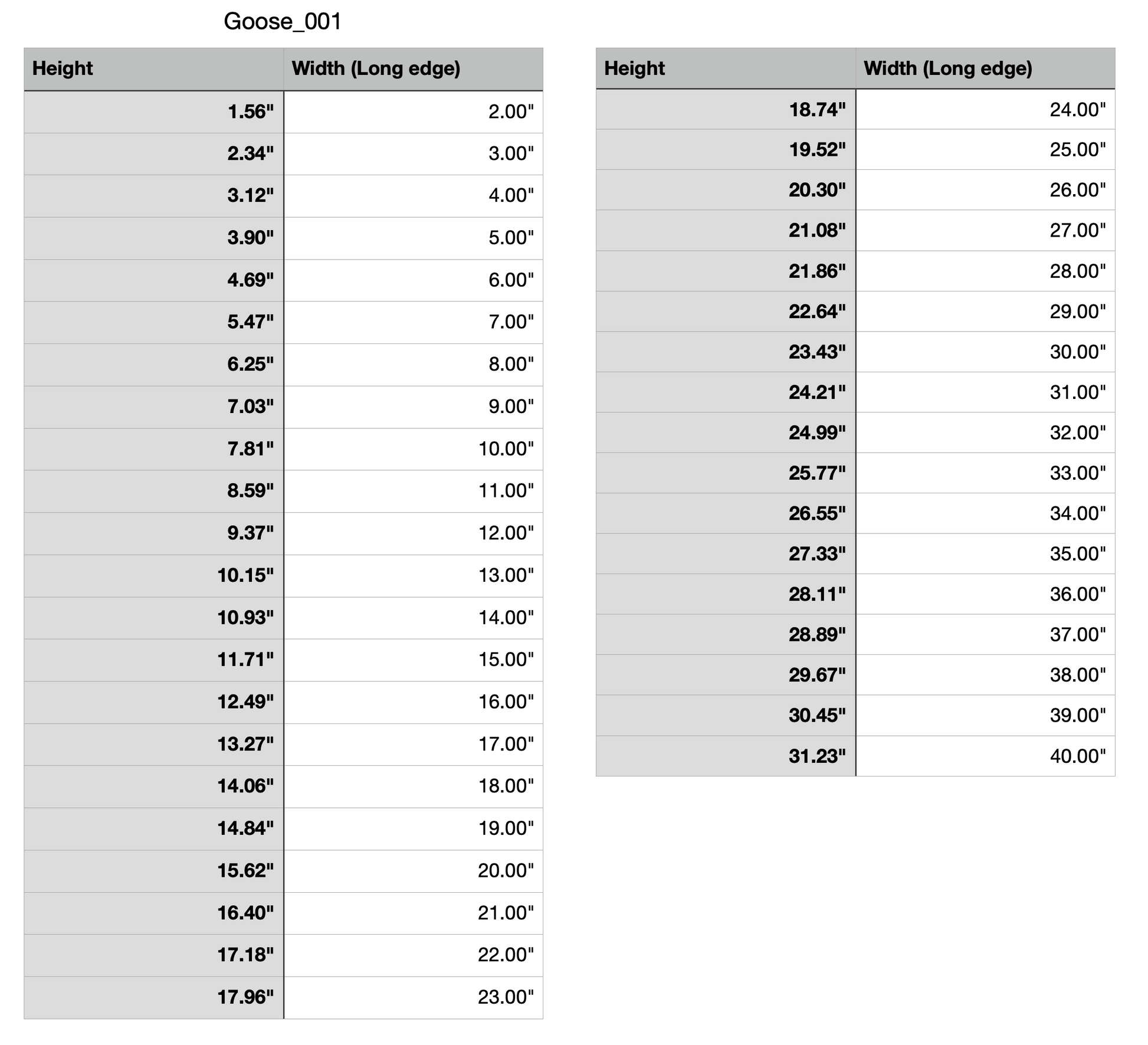 goose animal measurements