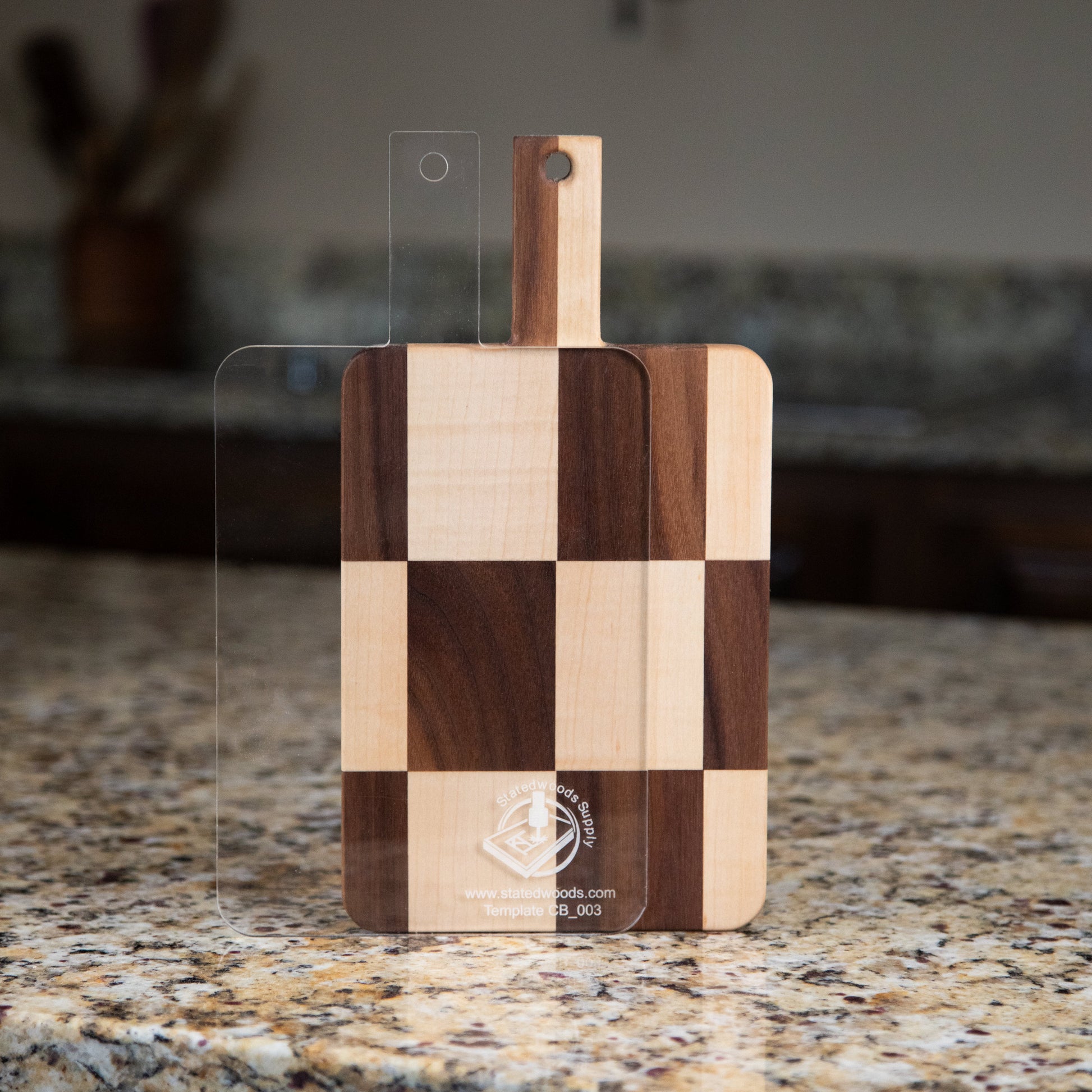 Example of our Square Cutting Board or Charcuterie Board Router Template  for woodworking, perfect for shaping custom sized cutting boards, charcuterie boards, and custom projects.
