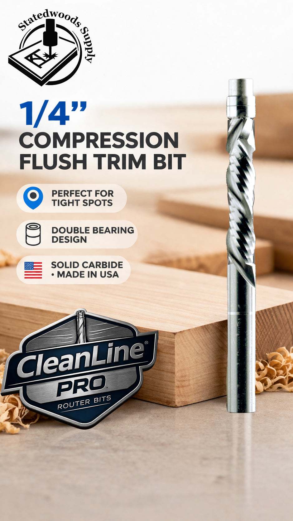 CleanLine Pro 1/4" Carbide Compression Flush Trim Router Bit