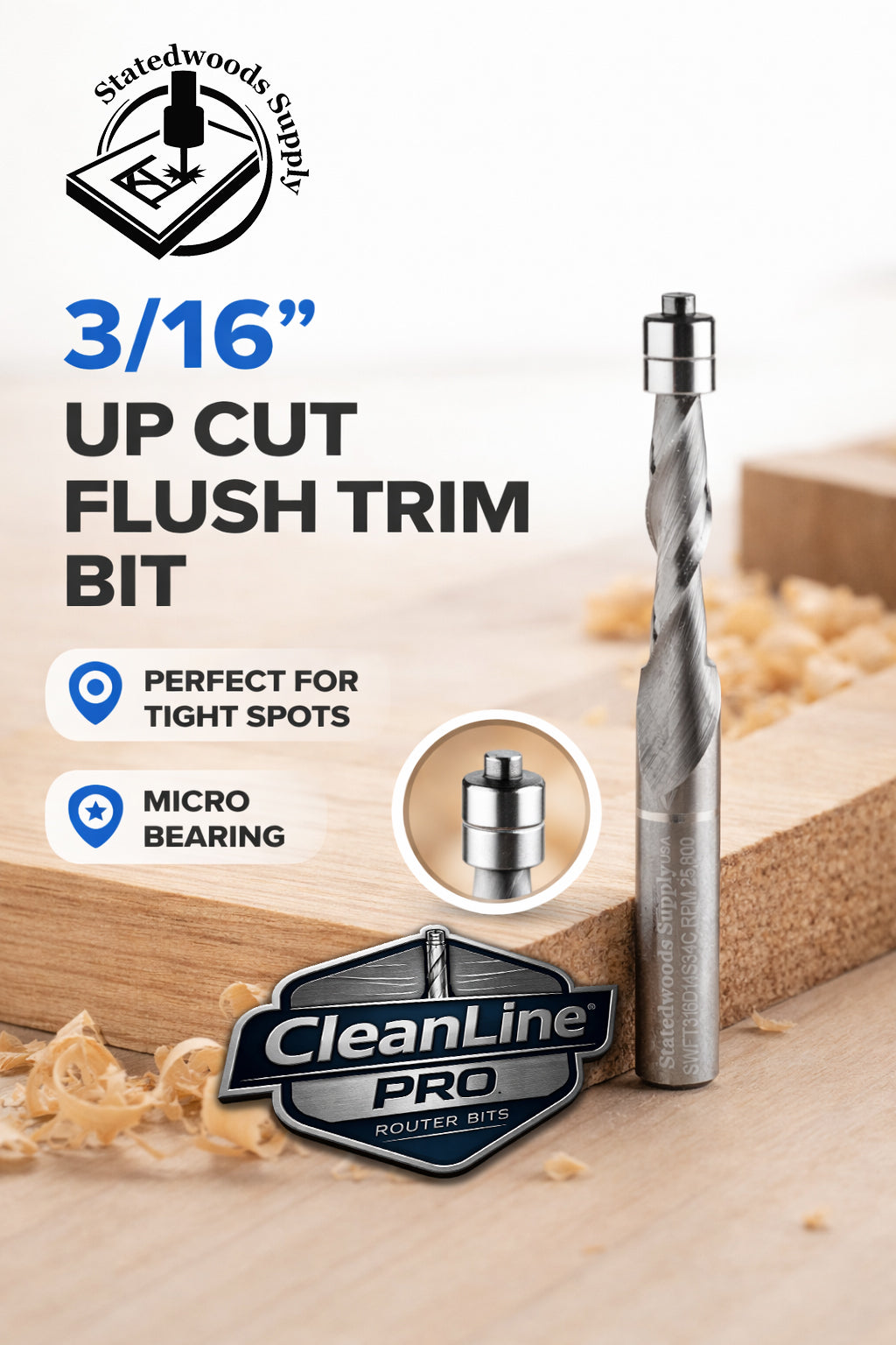 CleanLine Pro 3/16" Up-Cut Carbide Micro Bearing Flush Trim Router Bit