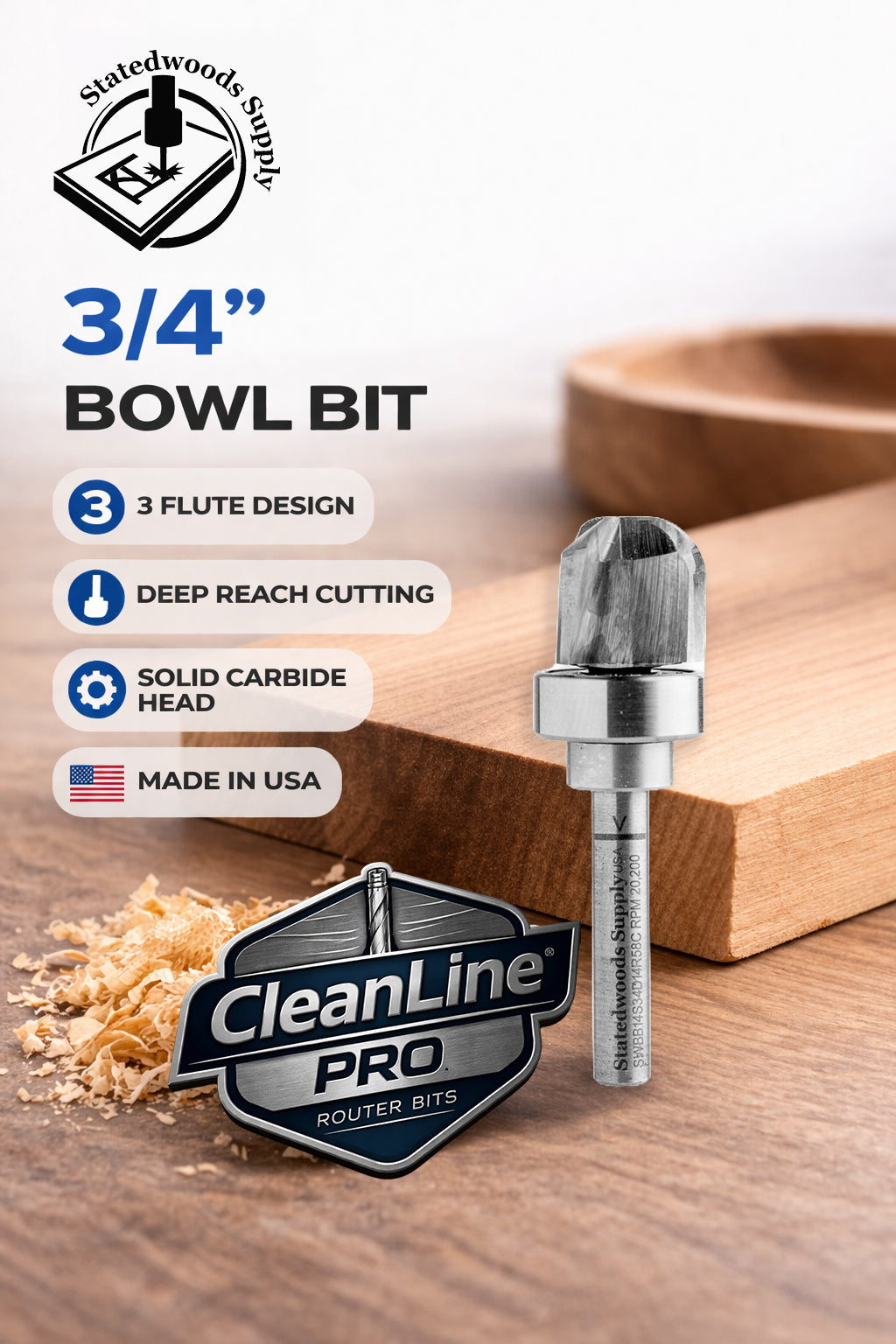 CleanLine Pro Solid Carbide 3/4" Diameter Deep Reach Bowl Router Bit