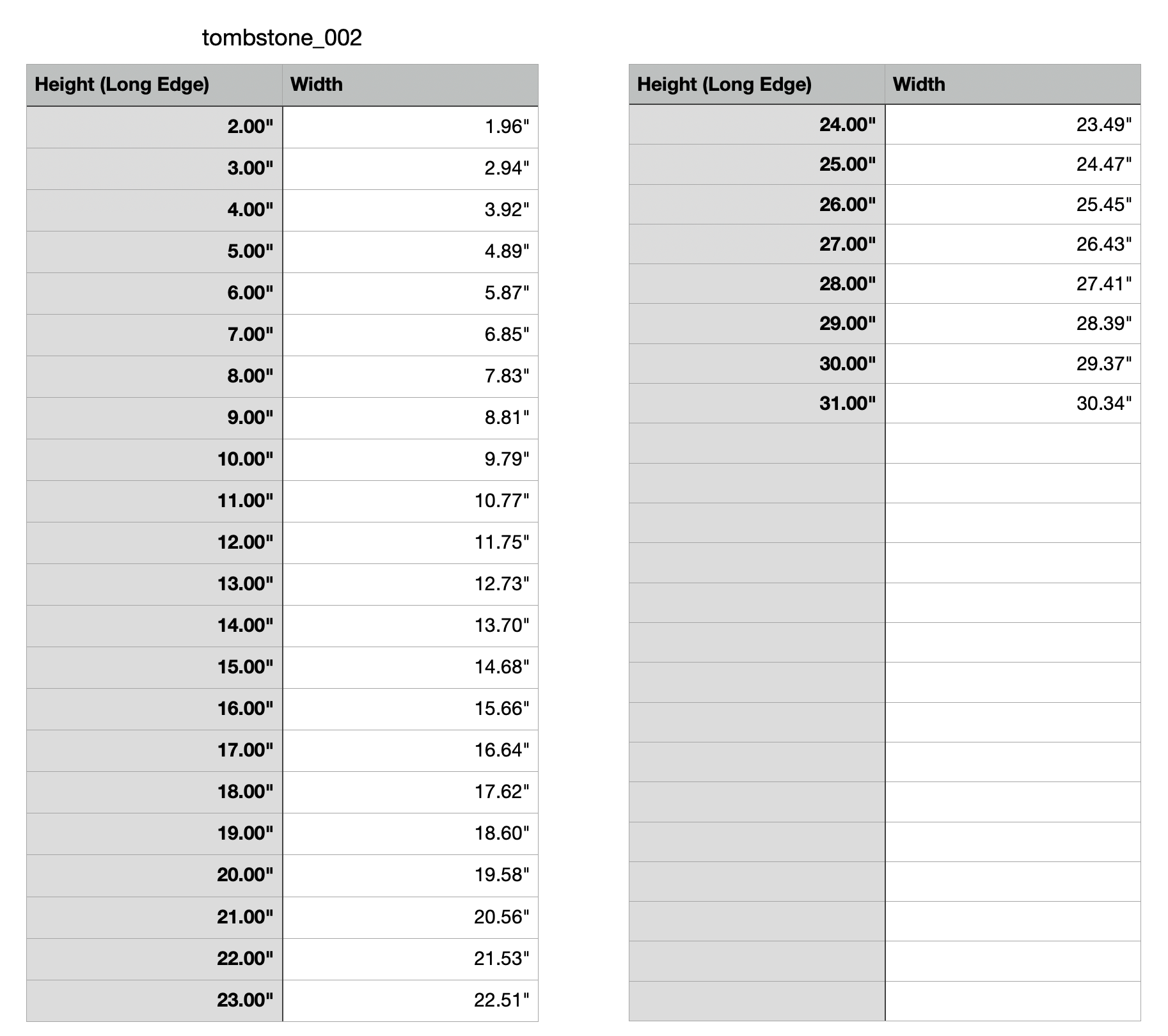 	a chart denoting the measurements of each item. The chart denotes the width and height of each variation that we offer.