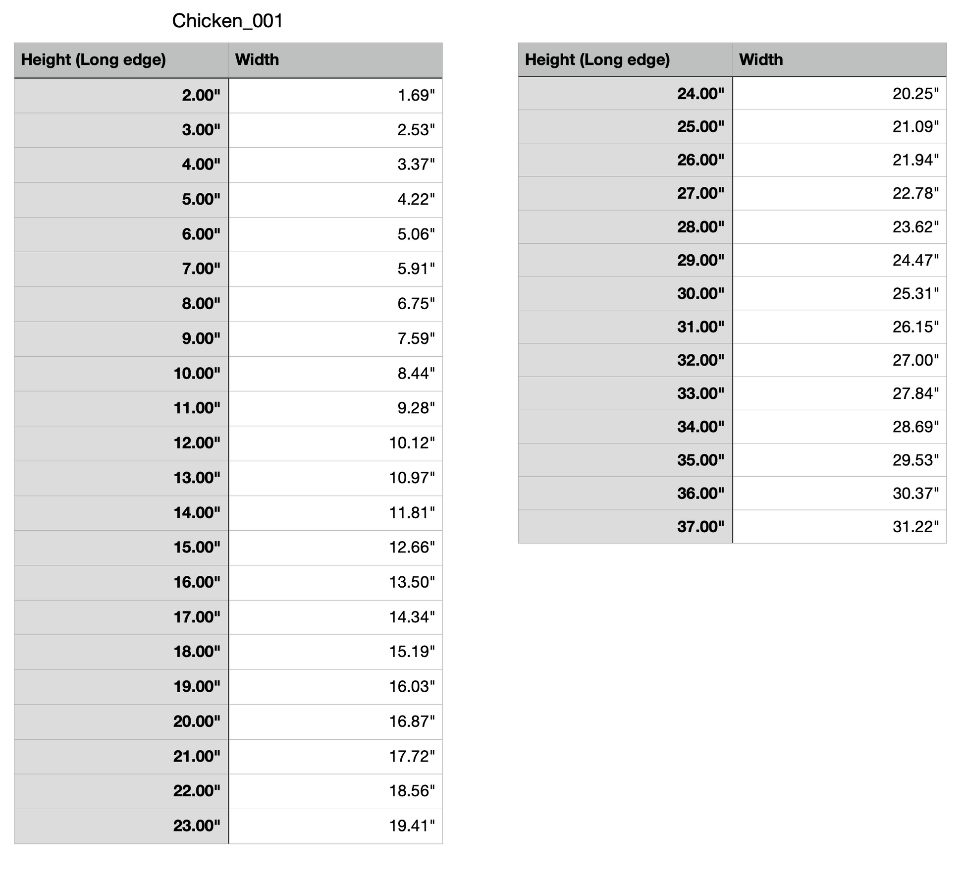 hen chicken measurements