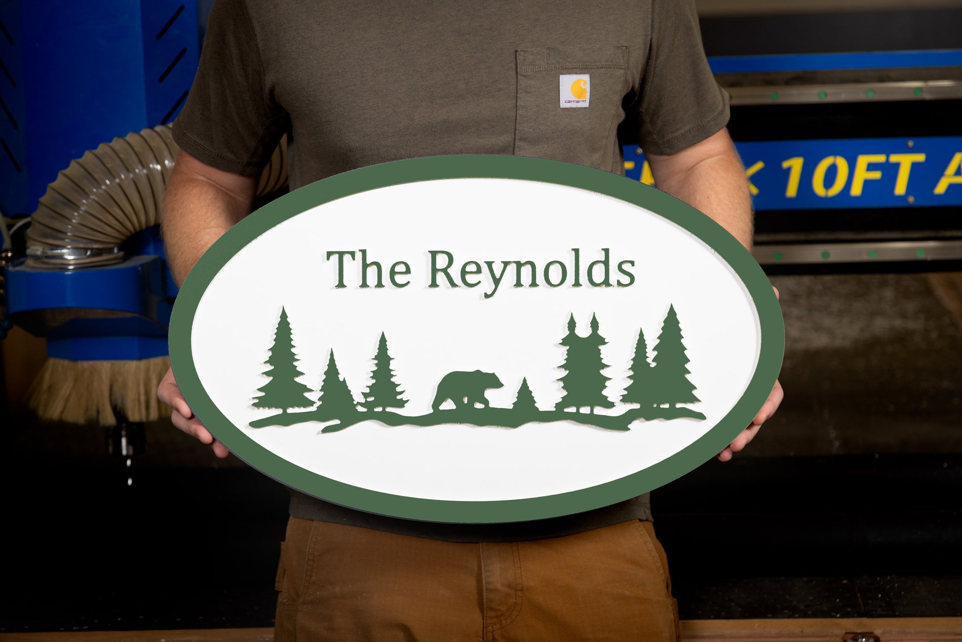 green oval large house sign mountain trees bear custom