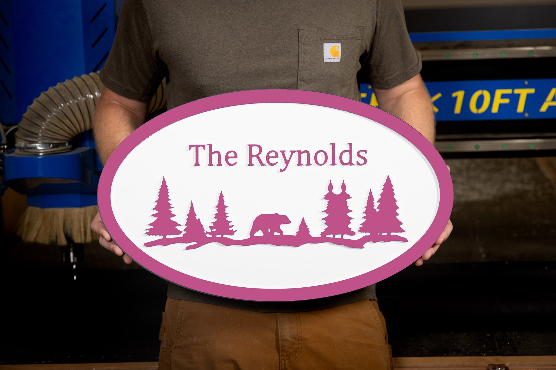 pink oval large house sign mountain trees bear custom