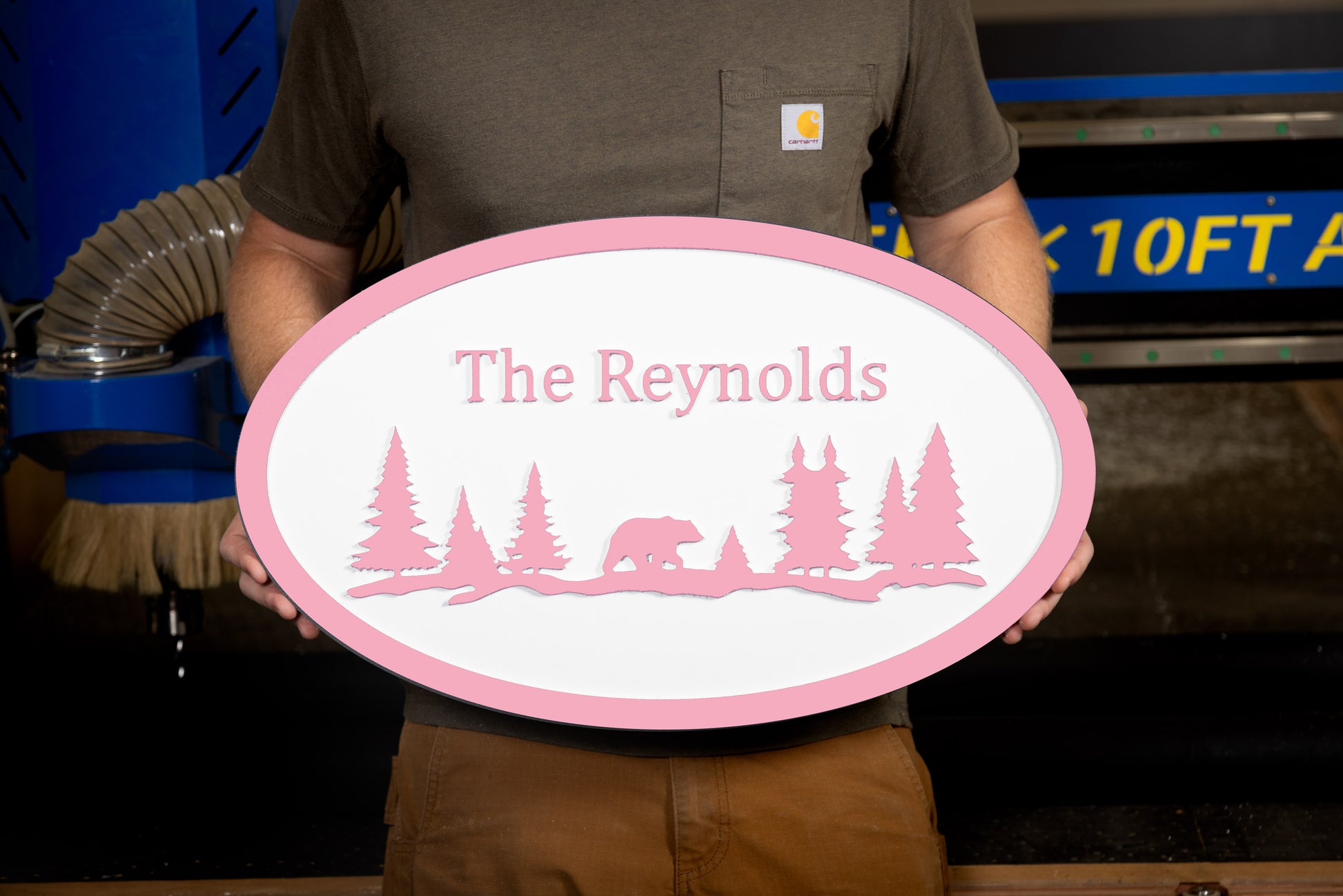 pink oval large house sign mountain trees bear custom