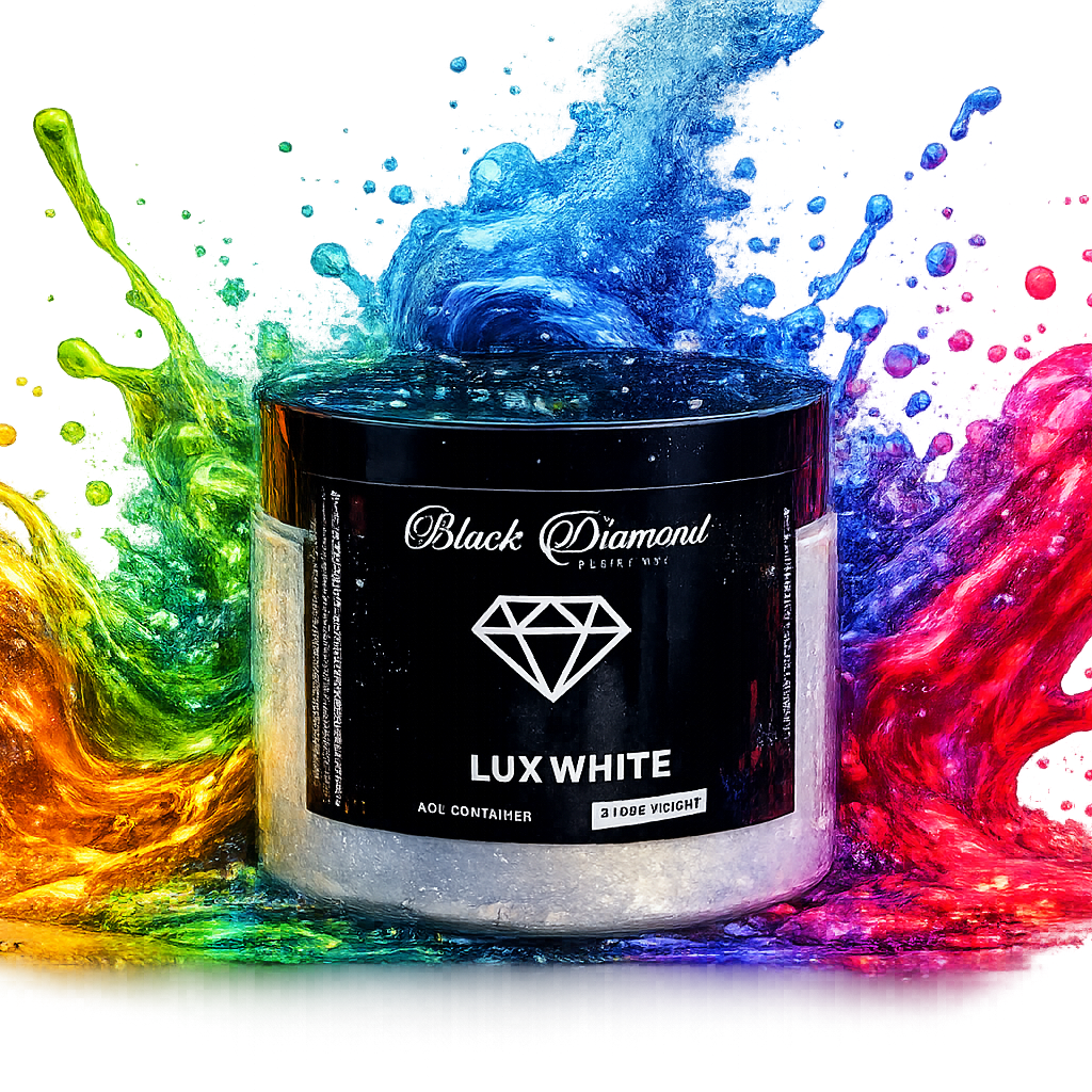 Black Diamond Lux White product with colorful splashes on a white background