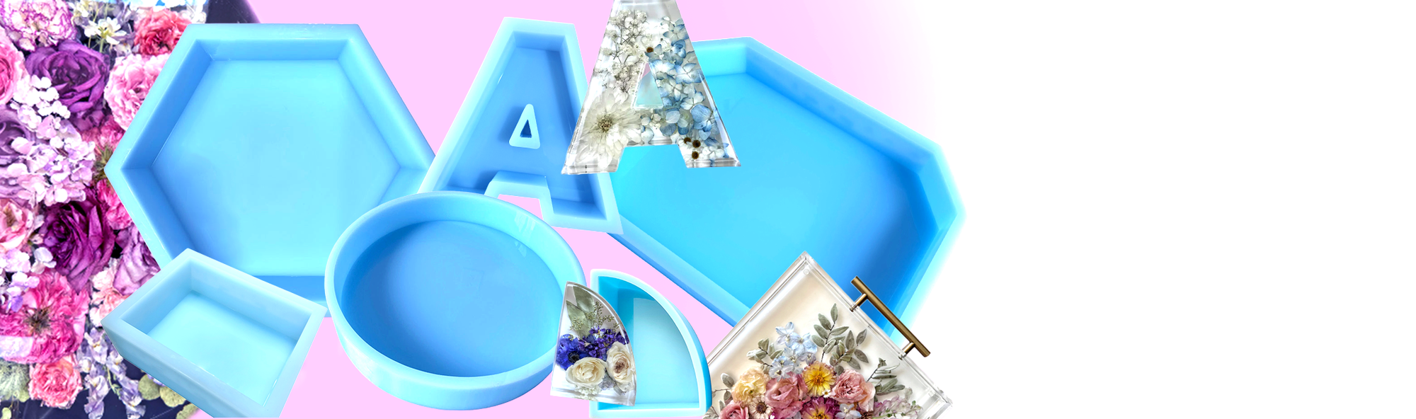 Blue geometric trays on a pink background with floral decorations
