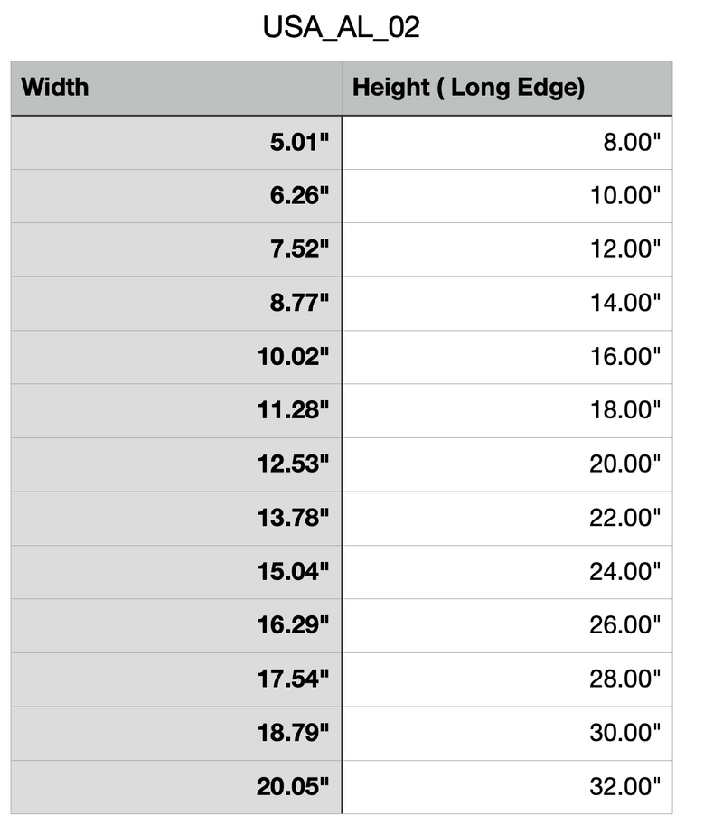 size chart for Alabama Cutting Board or Charcuterie Board Acrylic Router Template