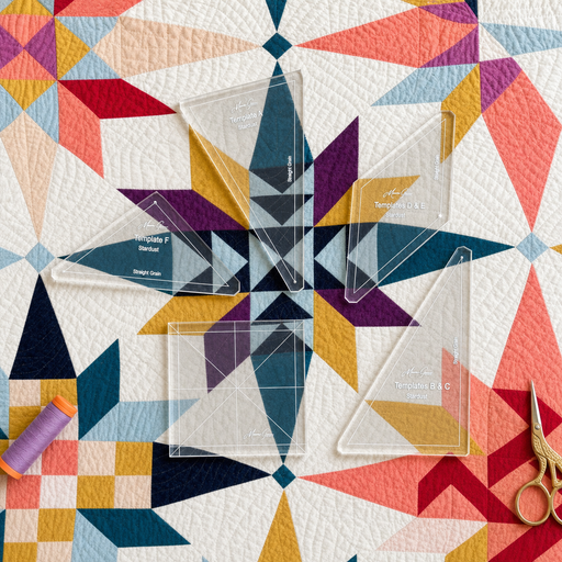 Four clear quilting templates with printed markings are arranged on a colorful geometric quilt. A spool of purple thread and gold scissors sit nearby on the quilt.